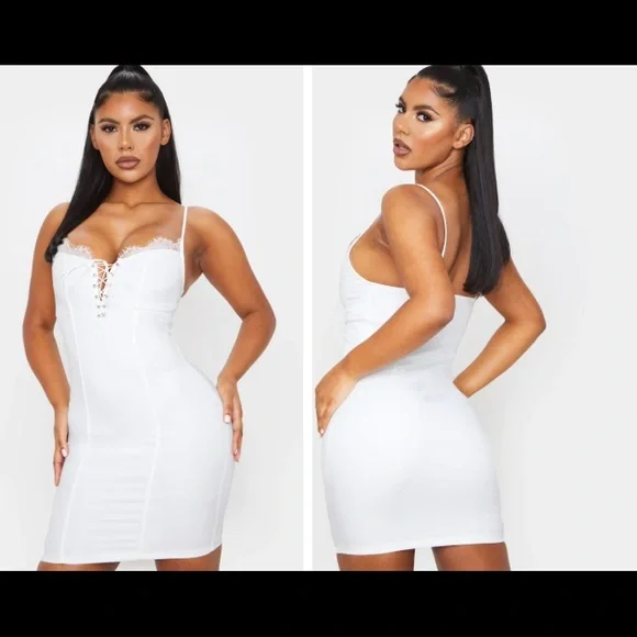 Women's White Eyelet Lace Up Lace Trim Strappy Bodycon Dress